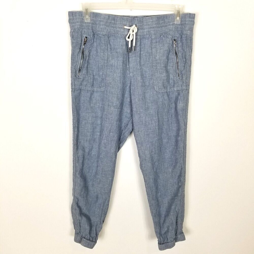 Athleta Women's Retreat Linen Jogger Pants Sz 12 Blue Crop Drawstring Beach